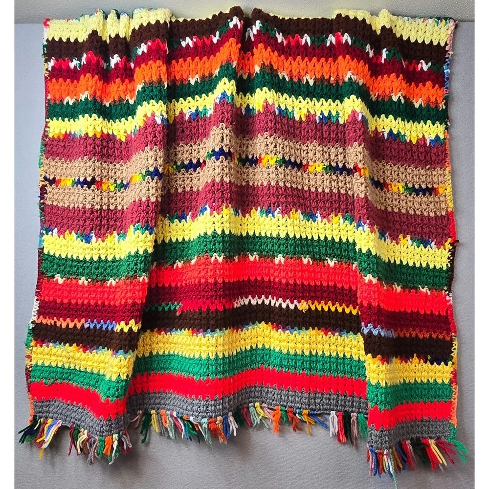 Vintage Handmade Crochet Afghan Striped Blanket Scrapbuster Throw Retro 70s‎